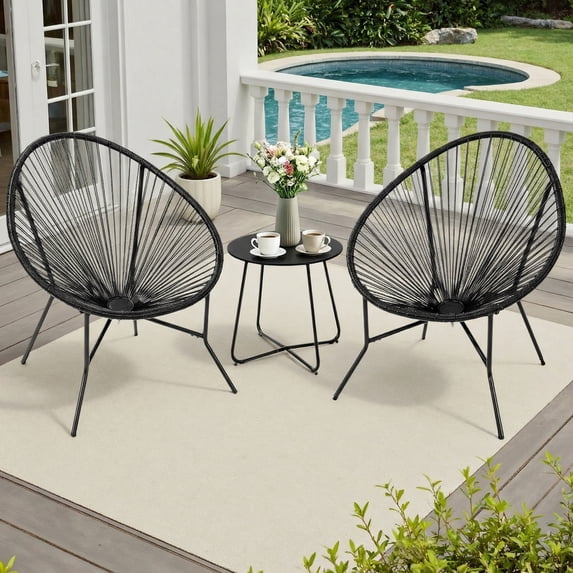 Dovov 3 Piece Patio Acapulco Furniture Bistro Set, Outdoor Bistro Set Acapulco Chairs All-Weather Rattan Wicker Chairs with Plastic Rope and Coffee Table, Black