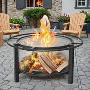 Dovov 32 inch Round Fire Pit with Grill and Poker, Wood Burning Firepit Large Steel Firepit for Outside Bonfire, Backyard, Patio, Picnic, Camping, BBQ, Black