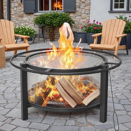 Dovov 32 inch Round Fire Pit with Grill and Poker, Wood Burning Firepit Large Steel Firepit for Outside Bonfire, Backyard, Patio, Picnic, Camping, BBQ, Black