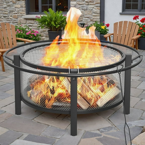 Dovov 36 inch Round Fire Pit with Grill and Poker, Wood Burning Firepit Large Steel Firepit for Outside Bonfire, Backyard, Patio, Picnic, Camping, BBQ, Black
