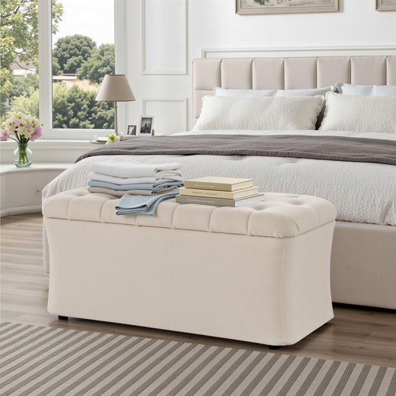 Dovov 40" Storage Ottoman Bench, End of Bed Bench Hold up to 330lb Footstool Storage Chest Footrest, Beige