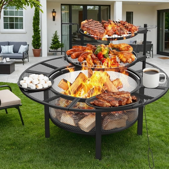 Dovov 47" Outdoor Firepit Wood Burning Fire Pit Tables with 2 Adjustable Swivel BBQ Grills, Round Steel Firepit Stove with Poker for BBQ, Bonfire, Picnic, Party, Camping, Backyard and Patio, Black