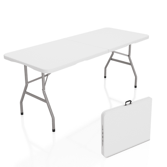 Dovov 6 Foot Folding Table, Fold-in-Half Plastic Table Portable Picnic Party Dining Camp Tables with Carrying Handle for Camping, White