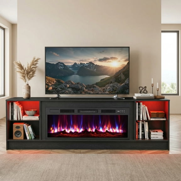 Dovov 70" Fireplace TV Stand with 36" Electric Fireplace for TVs Up to 80", Wooden Modern Entertainment Center TV Media Console Table with LED Light & Glass Shelves , Black