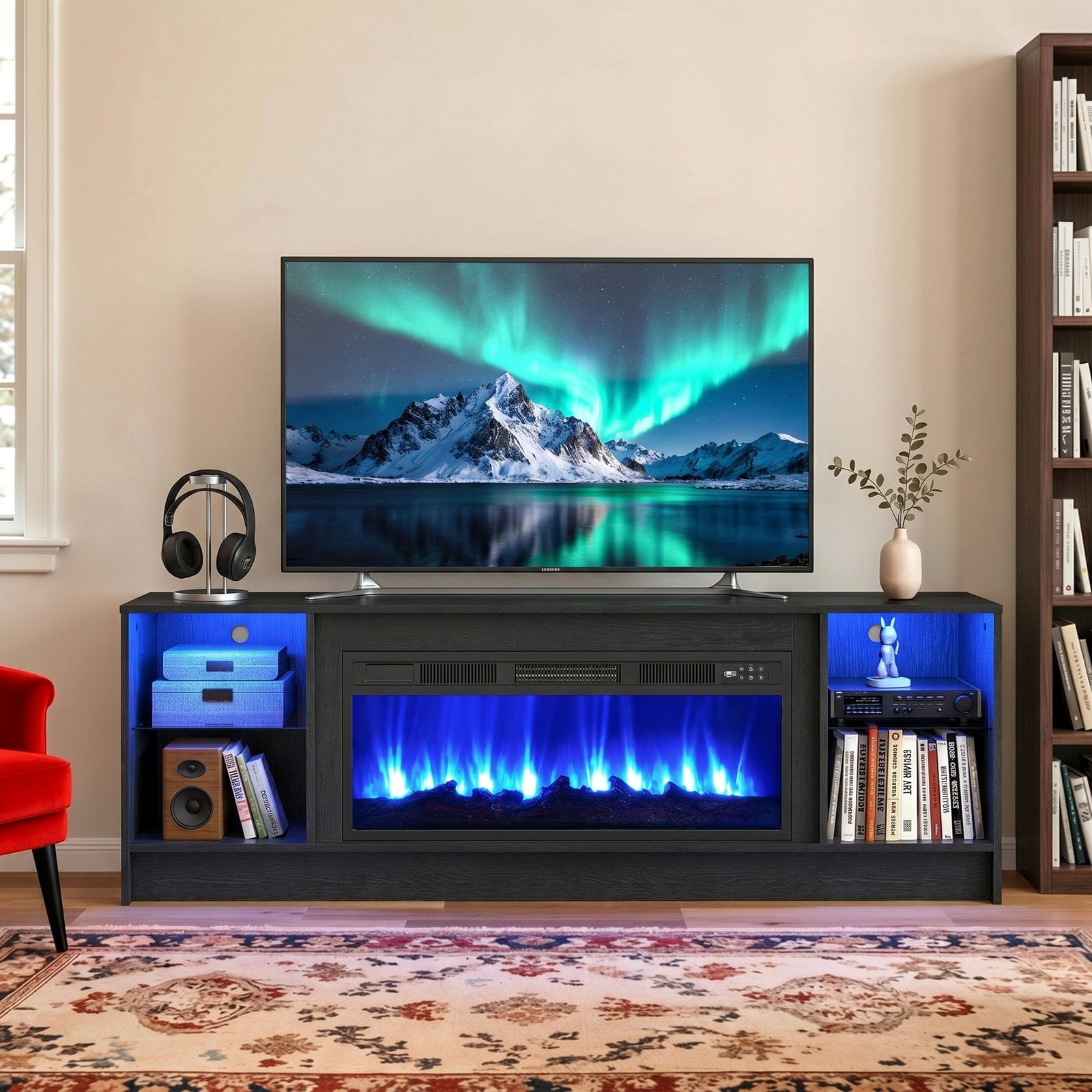 Dovov 70" LED TV Stand for TVs Up to 80", Wooden Modern Entertainment Center Media Console Table with 36" Electric Fireplace, LED Light and Glass Shelves, Black
