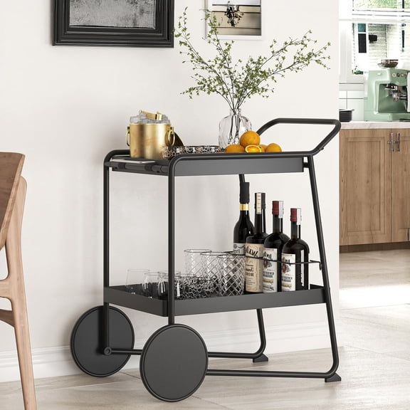 Dovov Bar Cart, Home Bar Serving Cart with Extra-Large Wheel, Removable Tray & Wine Rack, Modern2 Tier Storage Carts for Drink, Rolling Wine Carts for Home, Kitchen, Living Room, Black