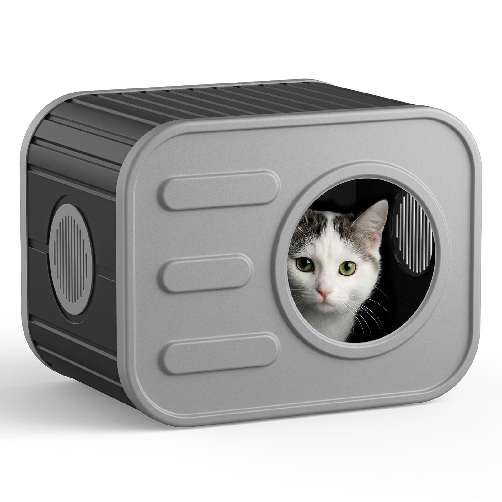 Dovov Cat House, Weatherproof Cat Shelter Camera-Shaped Cat Cage for Indoor & Outdoor Cats, Dual Ventilation Windows Cattery, Black Gray