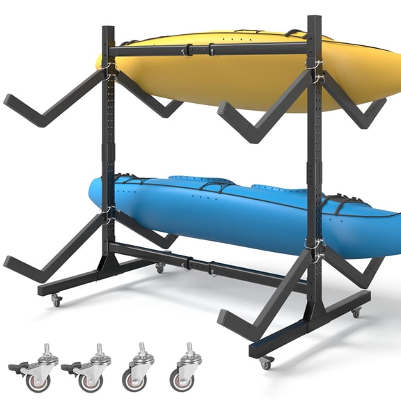 Dovov Freestanding Kayak Storage Rack, Adjustable Heavy Duty Rolling Kayak Rack 2 Levels Kayak Stand for 4 Kayaks with Padded Arms and Lockable Wheels