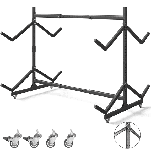 Dovov Freestanding Kayak Storage Rack, Adjustable Heavy Duty Rolling Kayak Rack 2 Levels Kayak Stand for 4 Kayaks with Padded Arms and Lockable Wheels