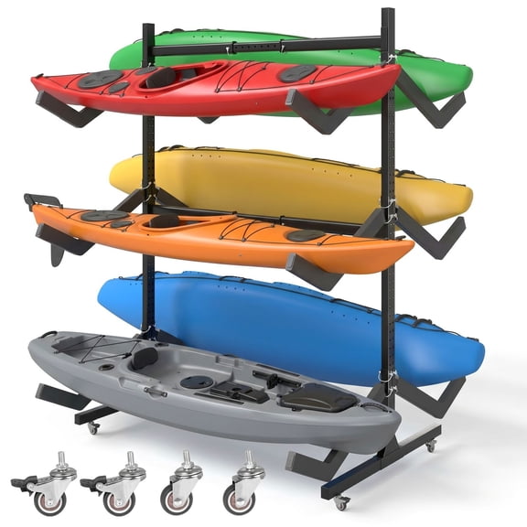 Dovov Freestanding Kayak Storage Rack with Wheels, Adjustable Double-Sided Kayak Rack Heavy Duty Kayak Stand Rolling Canoe Stand, Holds 6 Kayaks, 3 Levels