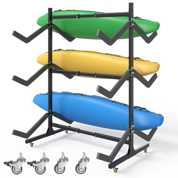 Dovov Freestanding Kayak Storage Rack, Adjustable Heavy Duty Rolling Kayak Rack 3 Levels Kayak Stand for 6 Kayaks with Padded Arms and Lockable Wheels