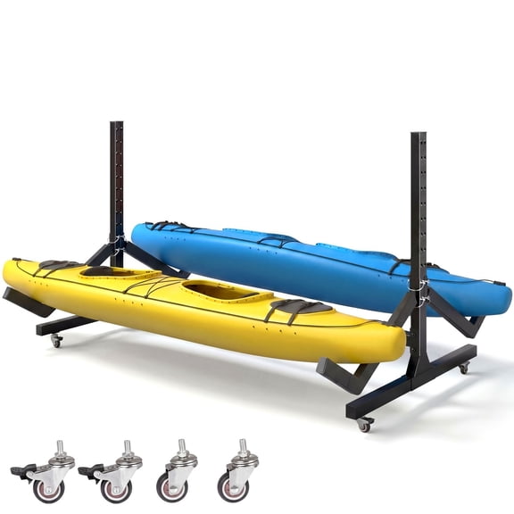 Dovov Freestanding Kayak Storage Rack with Wheels, Adjustable Double-Sided Kayak Rack Heavy Duty Kayak Stand Rolling Canoe Stand, Holds 2 Kayaks, 1 Level