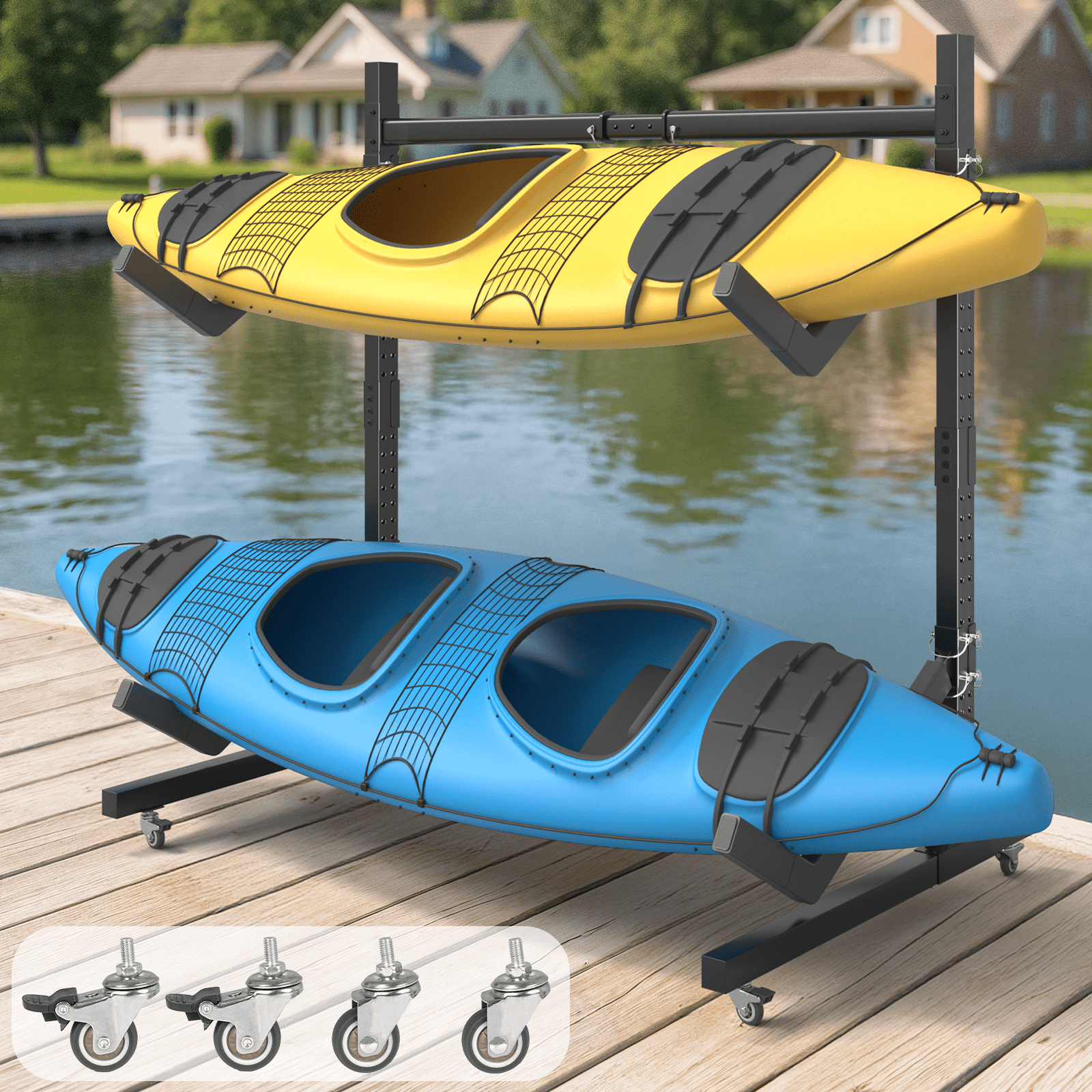 Dovov Freestanding Kayak Storage Rack with Wheels, Indoor Outdoor Adjustable Kayak Rack Heavy Duty Kayak Stand Rolling Canoe Stand, Holds 2 Kayaks, 2 Levels