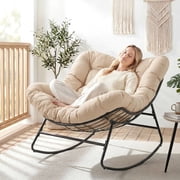 Dovov Indoor Rocking Chair with Thick Cushion, Oversized Papasan Rocker Chair Comfy Rocking Egg Chair Modern Lounge Seat Recliner Chair, Beige