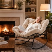 Dovov Indoor Rocking Chair with Thick Cushion, Oversized Papasan Rocker Chair Comfy Rocking Egg Chair Modern Lounge Seat Recliner Chair, Beige