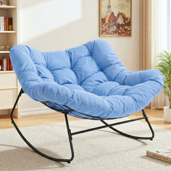 Dovov Indoor Rocking Chair with Cushion, Oversized Papasan Rocker Chair Comfy Egg Chair Modern Lounge Seat Recliner Chair, Blue