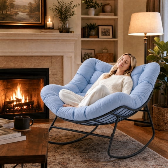 Dovov Indoor Rocking Chair with Thick Cushion, Oversized Papasan Rocker Chair Comfy Rocking Egg Chair Modern Lounge Seat Recliner Chair, Blue