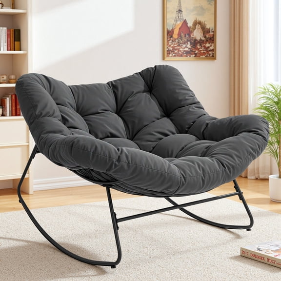Dovov Indoor Rocking Chair with Cushion, Oversized Papasan Rocker Chair Comfy Egg Chair Modern Lounge Seat Recliner Chair, Gray
