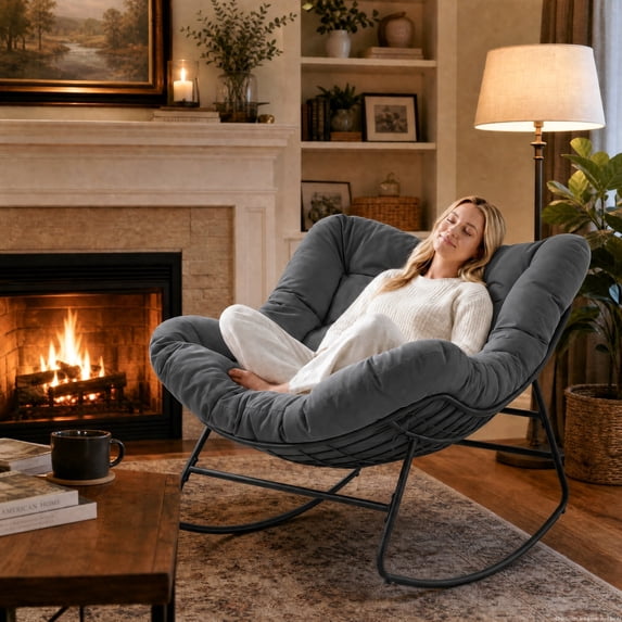 Dovov Indoor Rocking Chair with Thick Cushion, Oversized Papasan Rocker Chair Comfy Rocking Egg Chair Modern Lounge Seat Recliner Chair, Gray