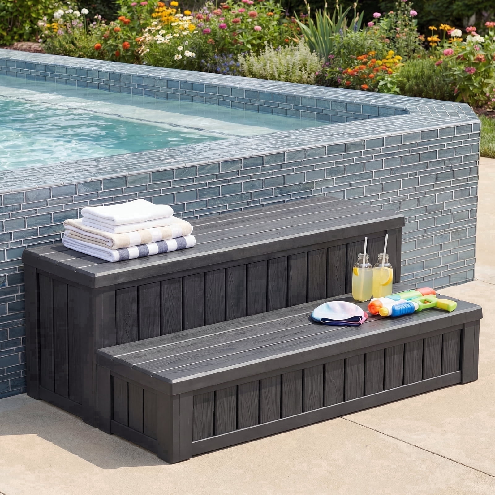 Dovov SPA Hot Tub Steps with Storage, Anti-Slip SPA Steps 36.6" Spa Hot Tub Storage Steps Indoor Outdoor Hot Tub Deck Step Swimming Pool Stairs, 780 lbs Capacity, Black