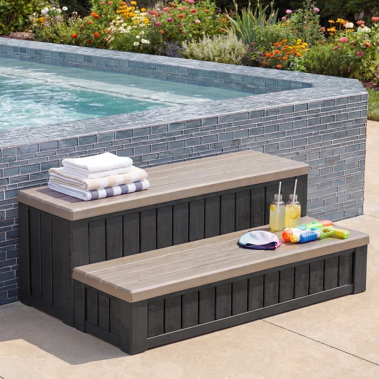 Dovov SPA Hot Tub Steps with Storage, Anti-Slip SPA Steps 36.6" Spa Hot Tub Storage Steps Indoor Outdoor Hot Tub Deck Step Swimming Pool Stairs, 780 lbs Capacity, Brown