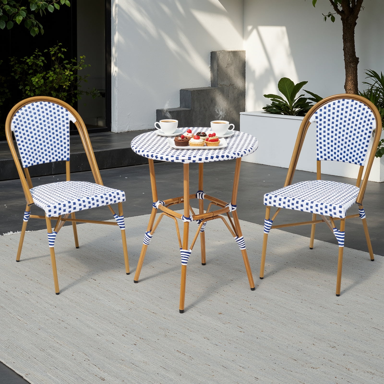 Dovov Outdoor Aluminum French Bistro Set, 3 Piece French Bistro Table Chair Set, Outdoor Wicker Round Table & 2 Dining Chairs, Bamboo Finish