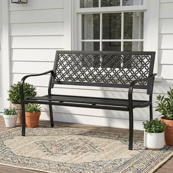 Dovov Outdoor Bench, Patio Garden Bench Metal Loveseat Chairs with Floral Back, 2-Person Patio Park Bench with Armrests, Black