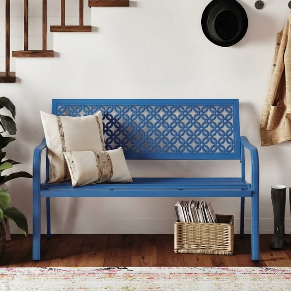 Dovov Oversized Outdoor Bench, Modern Patio Bench Steel Garden Bench Metal Bench Loveseat with Geometric Backrest, Blue
