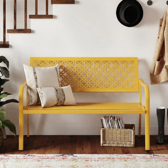 Dovov Oversized Outdoor Bench, Modern Patio Bench Steel Garden Bench Metal Bench Loveseat with Geometric Backrest, Yellow