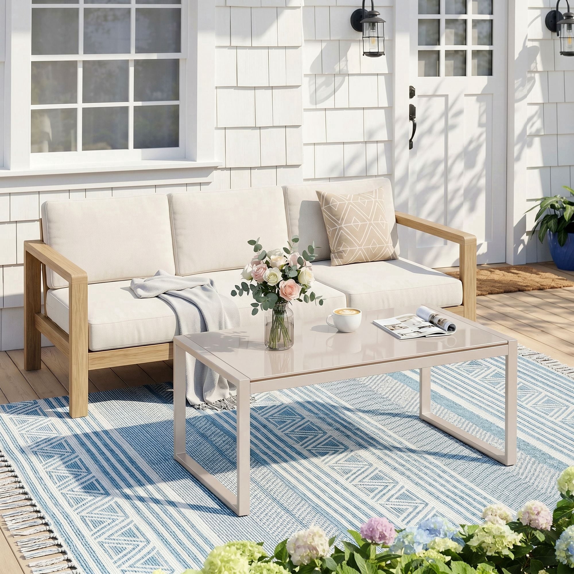Dovov Outdoor Patio Coffee Table with Glass Top, All Weather Metal Rectangle Coffee Table Indoor Outdoor Glass Table for Patio Living Room, Apricot