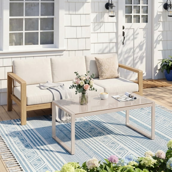 Dovov Outdoor Patio Coffee Table with Glass Top, All Weather Metal Rectangle Coffee Table Indoor Outdoor Glass Table for Patio Living Room, Apricot