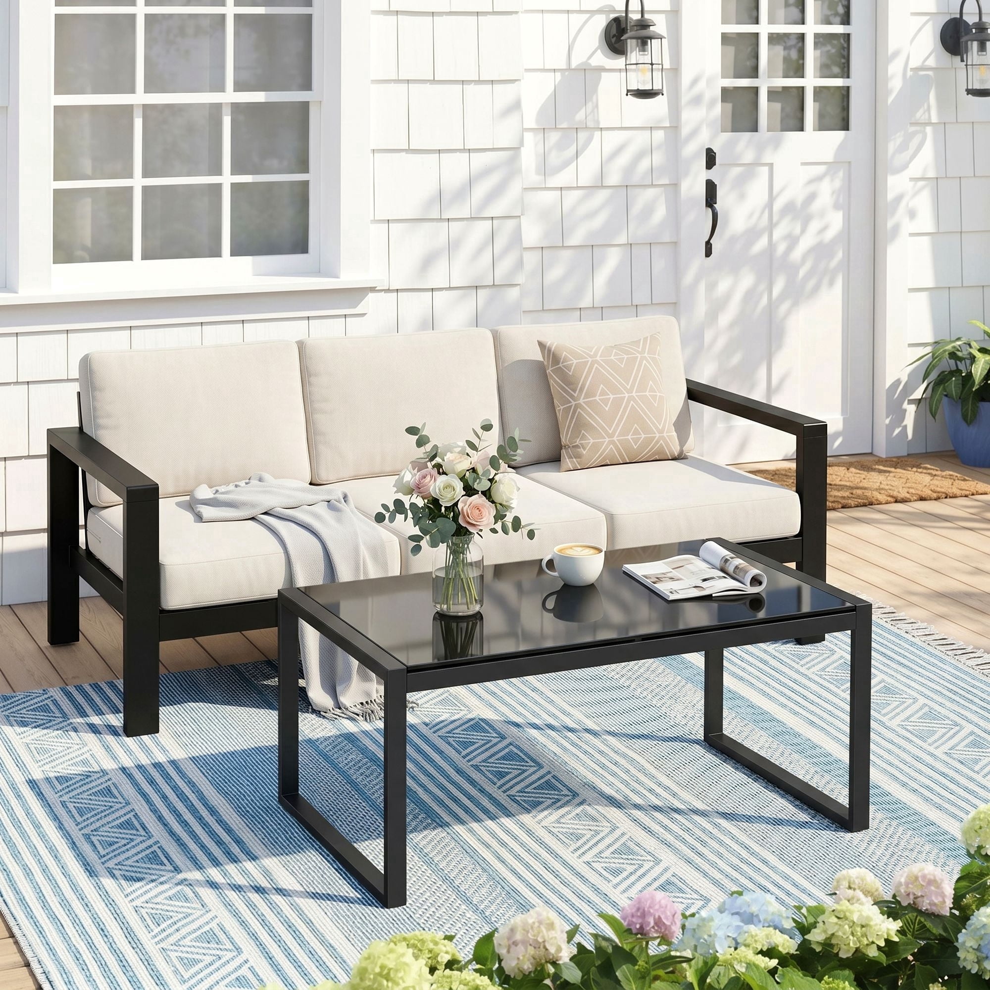 Dovov Outdoor Patio Coffee Table with Glass Top, All Weather Metal Rectangle Coffee Table Indoor Outdoor Glass Table for Patio Living Room, Black