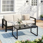 Dovov Outdoor Patio Coffee Table with Glass Top, All Weather Metal Rectangle Coffee Table Indoor Outdoor Glass Table for Patio Living Room, Black