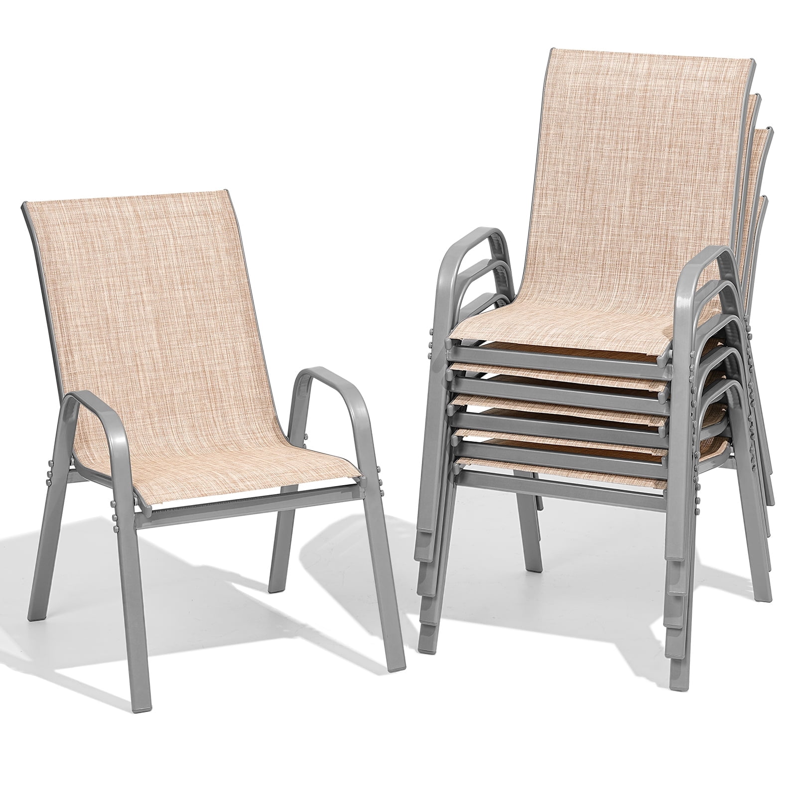 Dovov Outdoor Patio Dining Chairs Set of 6, Outdoor Textilene Stacking Chairs Patio Stackable High Back Armchairs, Beige