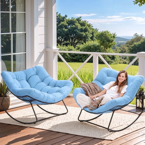 Dovov Outdoor Rocking Chairs Set of 2, Oversized Papasan Rocking Chair with Cushion, Outdoor Rocker Recliner Chair for Bedroom Living Room Patio Garden Porch Backyard Lawn Deck Balcony, Blue