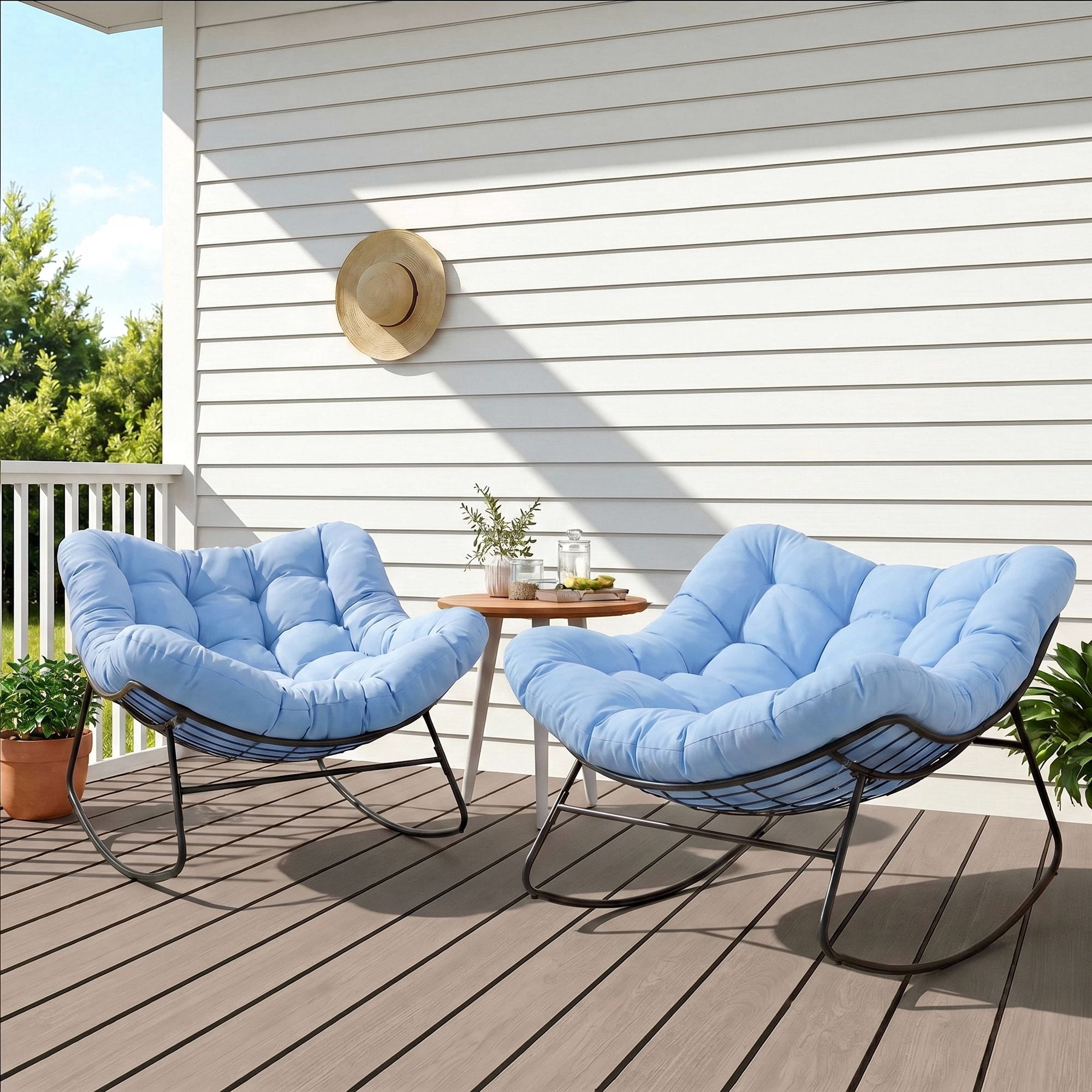 Dovov Outdoor Rocking Chairs Set of 2, Oversized Papasan Rocking Chairs with Cushion, Outdoor Recliner Rockers for Porch Patio Garden Backyard Lawn Deck Balcony Living Room Bedroom, Blue