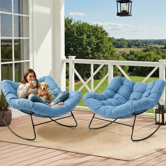 Dovov Outdoor Rocking Chairs Set of 2, Oversized Papasan Rocking Chair with Cushion, Outdoor Rocker Recliner Chair for Bedroom Living Room Patio Garden Porch Backyard Lawn Deck Balcony, Blue