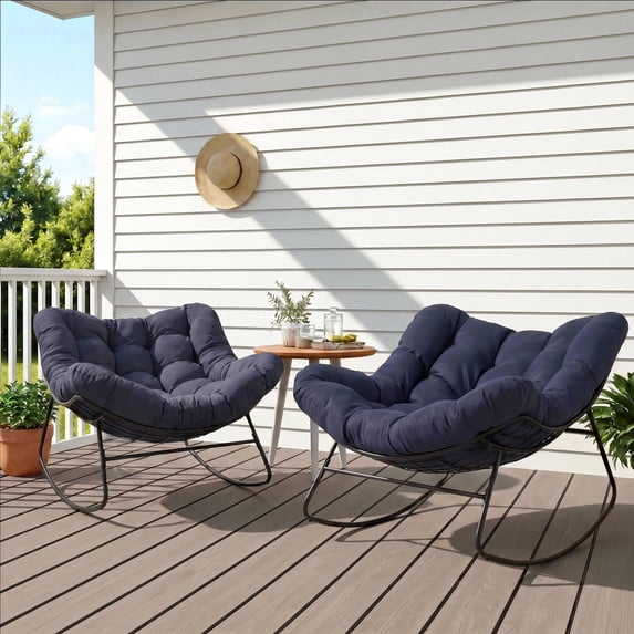 Dovov Outdoor Rocking Chairs Set of 2, Oversized Papasan Rocking Chairs with Cushion, Outdoor Recliner Rockers for Porch Patio Garden Backyard Lawn Deck Balcony Living Room Bedroom, Navy Blue
