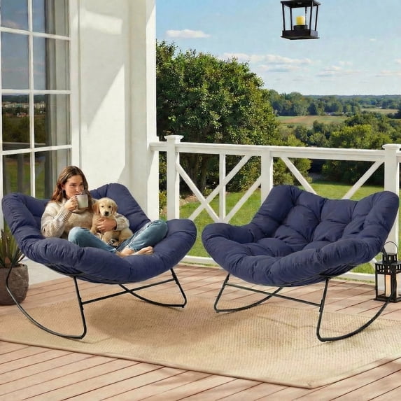 Dovov Outdoor Rocking Chairs Set of 2, Oversized Papasan Rocking Chairs with Cushion, Outdoor Recliner Rockers for Porch Patio Garden Backyard Lawn Deck Balcony Living Room Bedroom, Navy Blue