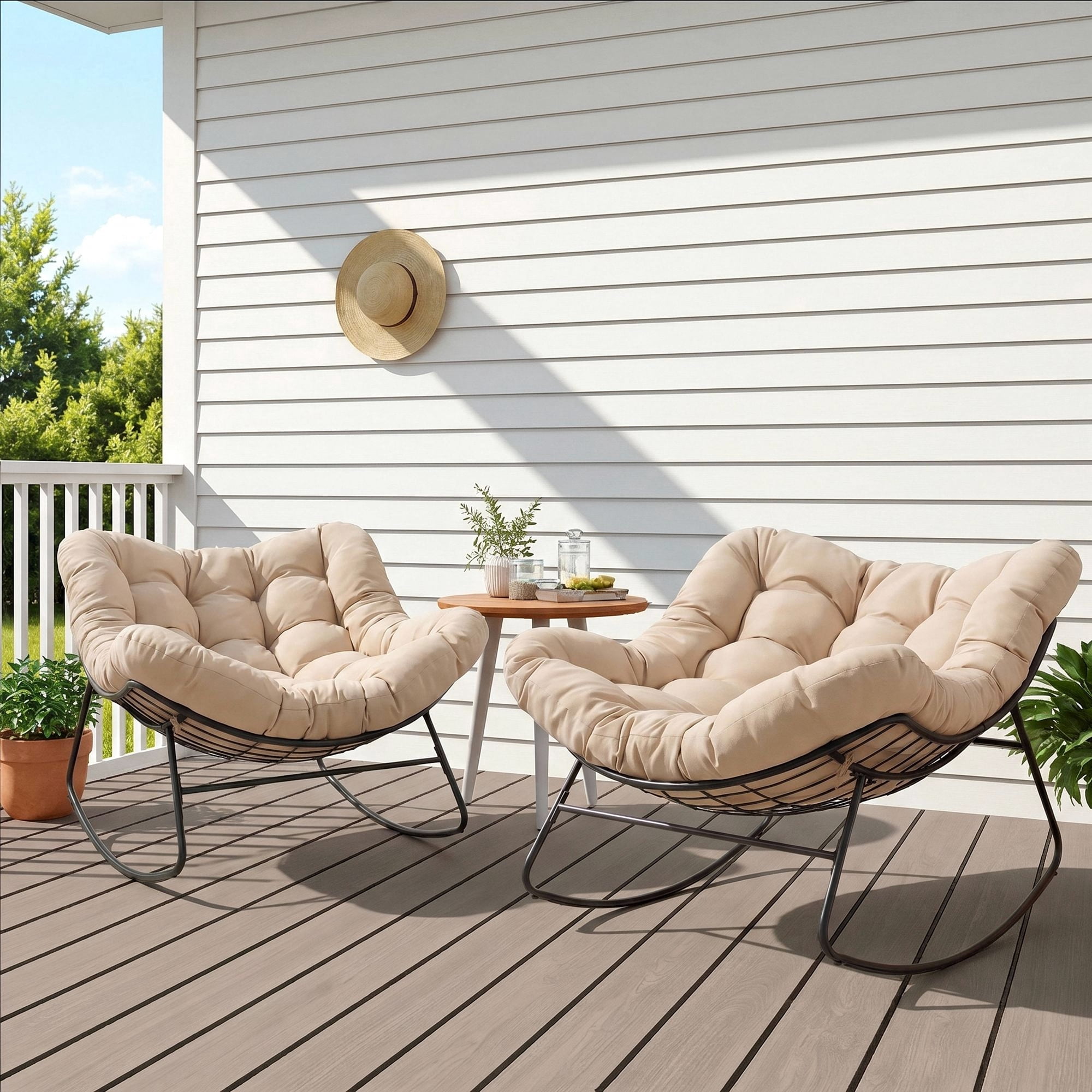 Dovov Outdoor Rocking Chairs Set of 2, Oversized Papasan Rocking Chairs with Cushion, Outdoor Recliner Rockers for Porch Patio Garden Backyard Lawn Deck Balcony Living Room Bedroom, Beige
