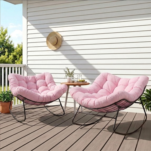 Dovov Outdoor Rocking Chairs Set of 2, Oversized Papasan Rocking Chairs with Cushion, Outdoor Oversized Rocker Recliner for Porch Patio Garden Backyard Lawn Deck Balcony Living Room Bedroom, Pink