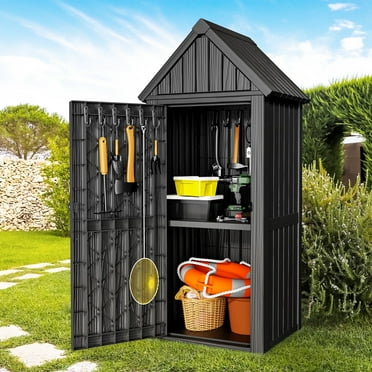Dovov Outdoor Storage Shed Garden Tool Shed Outdoor Plastic Waterproof Storage Cabinet with Removable Shelf and Sloped Roof, 12 Storage Hooks, for Yard, Patio, Garden, Backyard, Deck and Porch, Gray