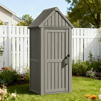 Dovov Outdoor Storage Shed with Removable Shelf, Garden Tool Shed Sloped Roof Waterproof Plastic Storage Cabinet with 12 Hooks, Brown