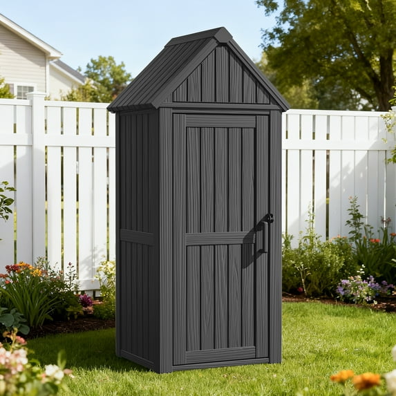 Dovov Outdoor Storage Shed with Removable Shelf, Garden Tool Shed Sloped Roof Waterproof Plastic Storage Cabinet with 12 Hooks, Gray