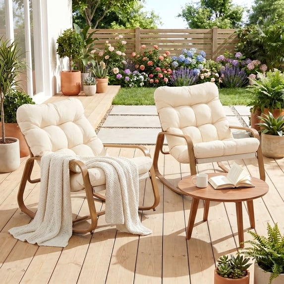 Dovov Oversize Papasan Rocking Chairs Set of 2, Indoor Outdoor Rocking Chairs Patio Lounge Chairs Recliner Cozy Rocker for Porch Garden Balcony Living Room, Wood Grain, 400 lbs Capacity