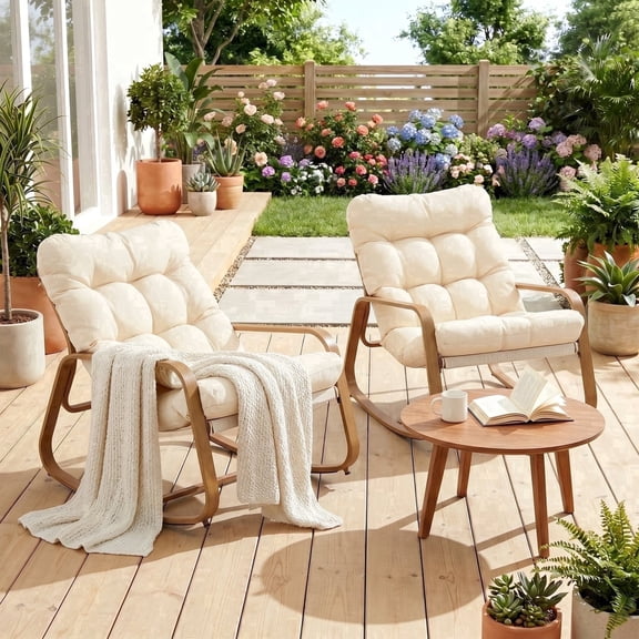Dovov Oversize Papasan Rocking Chairs Set of 2, Indoor Outdoor Rocking Chairs Patio Lounge Chairs Recliner Cozy Rocker for Porch Garden Balcony Living Room, Wood Grain, 400 lbs Capacity