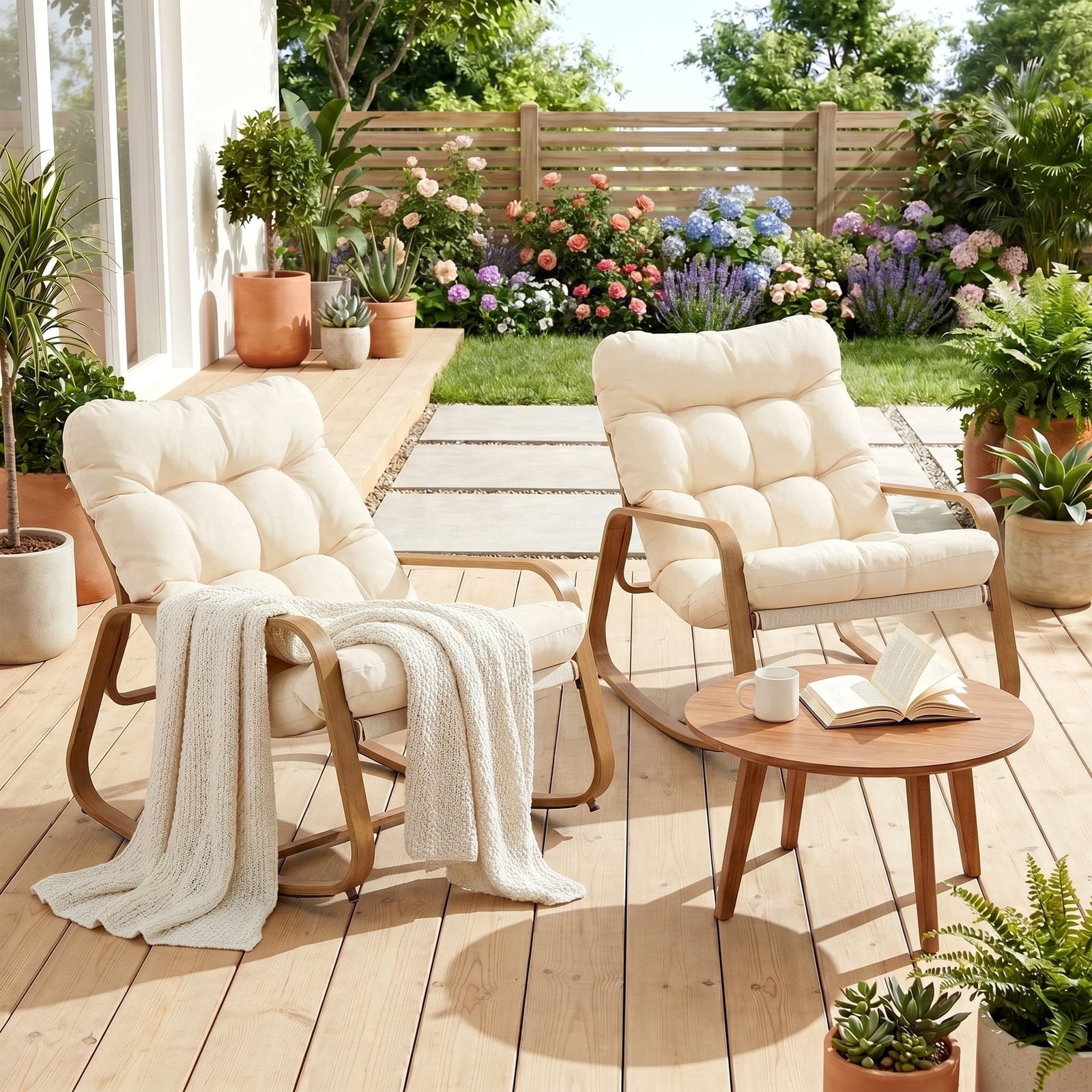 Dovov Oversize Papasan Rocking Chairs Set of 2, Indoor Outdoor Rocking Chairs Patio Lounge Chairs Recliner Cozy Rocker for Porch Garden Balcony Living Room, Wood Grain, 400 lbs Capacity