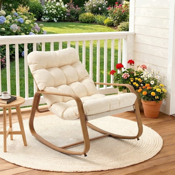 Dovov Oversize Rocking Chair with Cushion, Indoor Outdoor Rocking Chair Recliner Patio Papasan Rocking Lounge Chair Cozy Rocker for Porch Garden Balcony Living Room, Wood Grain, 400 lbs Capacity