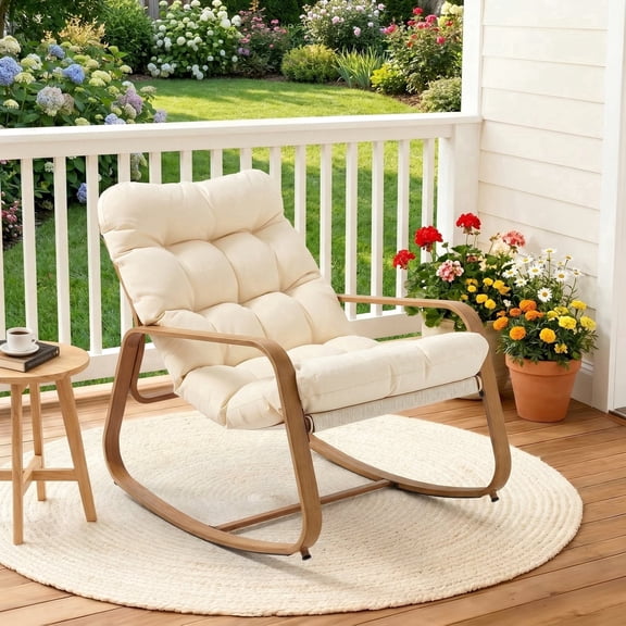 Dovov Oversize Rocking Chair with Cushion, Indoor Outdoor Rocking Chair Recliner Patio Papasan Rocking Lounge Chair Cozy Rocker for Porch Garden Balcony Living Room, Wood Grain, 400 lbs Capacity