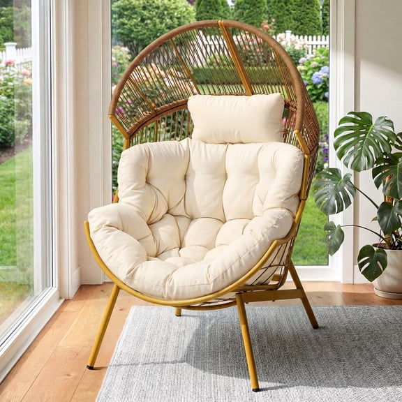 Dovov Oversized Egg Chair with Thick Cushion, Indoor Outdoor Patio Lounger Wicker Basket Chair Rattan Patio Chair, 500lbs Capacity, Beige